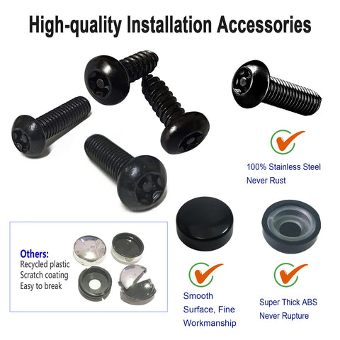Anti Theft Stainless Steel License Plate Screws Set With Matte Caps And Locking Bolts For Front And Rear Car Tag Mounts Rustproof 304 Stainless M6 One Quarter Inch Includes Nuts Inserts And Rattle Proof Pads visible with stainless screws and caps.