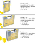Set Of Four Plastic Clear Top Tool And Parts Organizer Box Set For Grab And Go Garage, Workshop, And Craft Room With Three Size Compartments In Yellow And Black Durable Clear Lids For Easy Visibility And Quick Access, showing boxes with removable bins.