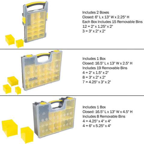 Set Of Four Plastic Clear Top Tool And Parts Organizer Box Set For Grab And Go Garage, Workshop, And Craft Room With Three Size Compartments In Yellow And Black Durable Clear Lids For Easy Visibility And Quick Access, showing boxes with removable bins.