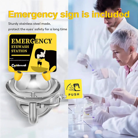 Go To Wall Mounted Eye Wash Station With Eyewash Sign For Emergency Eye And Face Washing In Commercial Settings Stainless Steel 304 Construction NPT Thread Plumbing Connection in lab environment with emergency sign