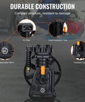 Air Compressor Pump Head 3HP Twin Cylinder Oil Lubricated Piston Pump Head with labeled parts in a garage setting