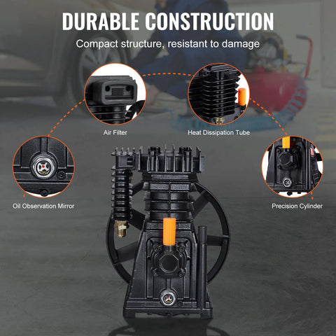 Air Compressor Pump Head 3HP Twin Cylinder Oil Lubricated Piston Pump Head with labeled parts in a garage setting