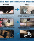 Before and after images showing 3 Inch Universal Exhaust Clamp With Hanger Set Of 4 Pcs For 3 Inch Exhaust Pipes tightening exhaust pipe.