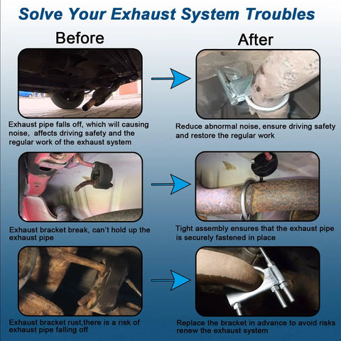 Before and after images showing 3 Inch Universal Exhaust Clamp With Hanger Set Of 4 Pcs For 3 Inch Exhaust Pipes tightening exhaust pipe.