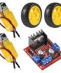 Dual TT Motors With 1 to 48 Gearbox For 200 RPM 3V to 6V DC Hobby Gear Motors, Includes Wheel Kit And L298N Motor Driver Board For Arduino DIY Smart Car Robot Builds. Two yellow plastic TT motors, wheels, and red driver board
