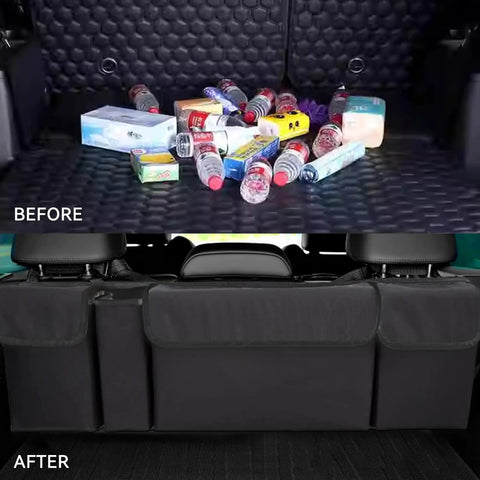 Car Trunk Organizer With Backseat Hanging Storage, before and after view with organized storage, adjustable straps, and waterproof PVC material