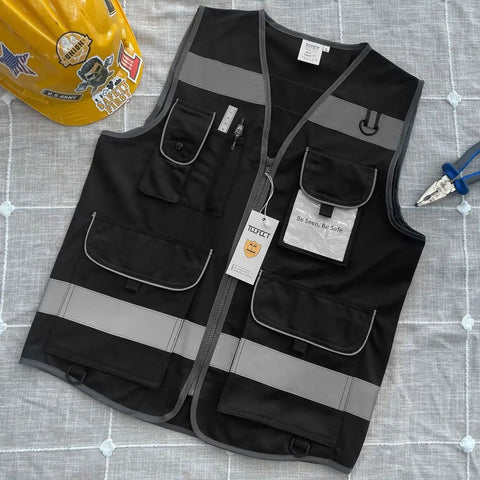 Stay Seen All Day High Visibility Safety Vest for Men and Women with 9 Pockets, reflective strips, black, ANSI ISEA approved.
