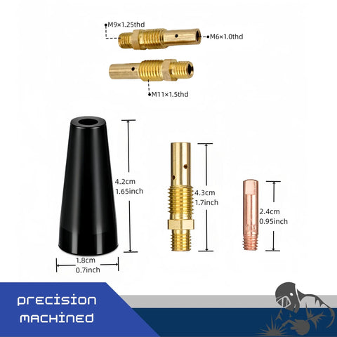 24Piece Flux Core Gasless MIG Welding Kit With 0.030 Tips, Nozzles And Diffusers displayed with dimensions.