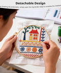Person using Beginner's Embroidery Stitch Book Kit With 138 Patterns, Portable Loose Leaf Practice Pages, Embroidery Hoop, 87 Tools
