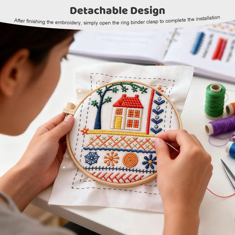 Person using Beginner's Embroidery Stitch Book Kit With 138 Patterns, Portable Loose Leaf Practice Pages, Embroidery Hoop, 87 Tools