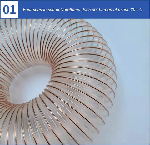 Close-up of Heavy Duty Flexible Vacuum Hose Extension With Secure Clamps Puncture Resistant Polyurethane Ducting.