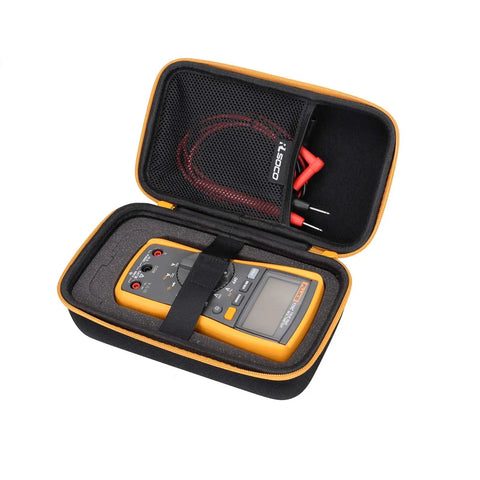 Durable Carrying Case For Fluke Digital Multimeters With DIY Foam Insert, Compact Yellow Zip, YKK Zipper Guard, visible open case with multimeter