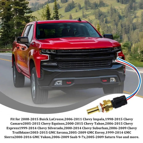 Road Ready Direct Fit Engine Coolant Temperature Sensor Replacement For 19236568 Heavy Duty Water Temp Sender mounted on red truck.