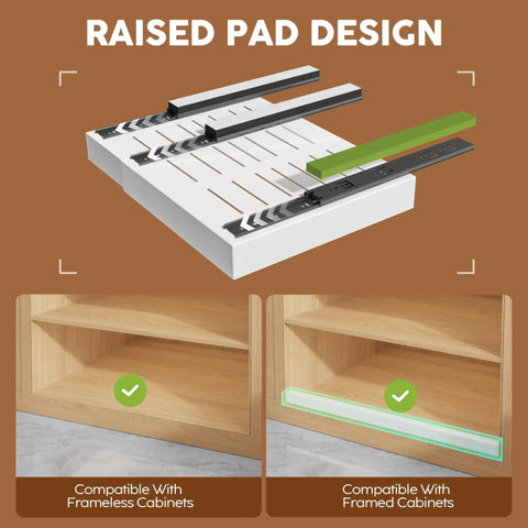 Set Of Two White Pull Out Cabinet Organizer Shelves showing raised pad design for framed and frameless cabinets.