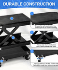 1100 Lb Motorcycle Scissor Lift Jack With Dolly, Heavy Duty Center Stand With Wide Deck shown with non-slip rubber pad and casters