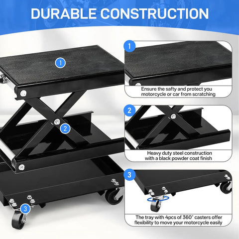 1100 Lb Motorcycle Scissor Lift Jack With Dolly, Heavy Duty Center Stand With Wide Deck shown with non-slip rubber pad and casters
