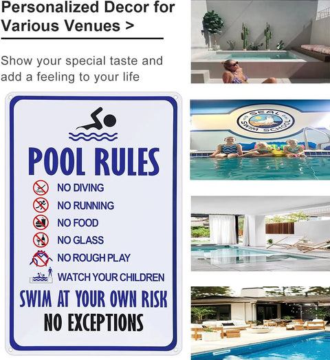Pool Rules Sign Vintage Tin Sign Swim At Your Own Risk Warning For Poolside Beach Park Decor 8x12 Inches Classic Water Safety Plaque