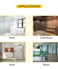 Applications for Adjustable Square Glass To Wall Clip With Solid Forged Brass Construction And Antique Copper Finish shown in hotel, steam room, home, resort.