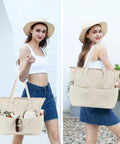 Woman carrying waterproof beach tote bag for women dope ultra roomy extra large carry on with wet compartment and ample pockets
