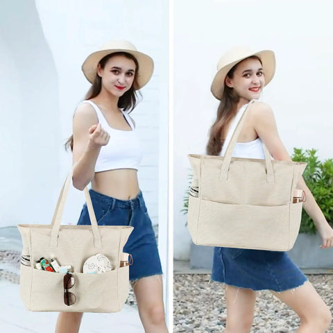 Woman carrying waterproof beach tote bag for women dope ultra roomy extra large carry on with wet compartment and ample pockets