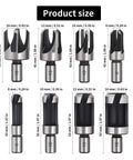 Eight Piece Premium Black Wood Plug Cutter Drill Bit Set Featuring Straight And Tapered Shapes With A Heavy Duty Hex Shank, sizes displayed.