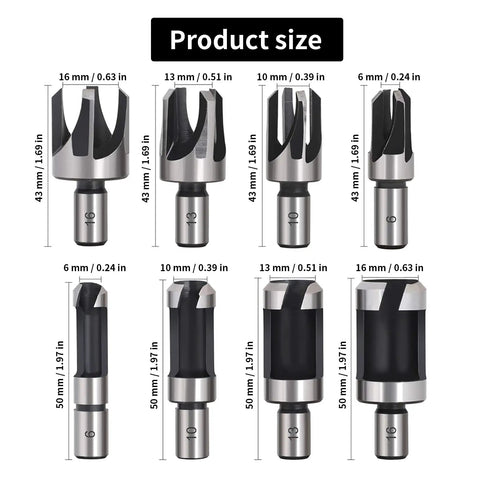 Eight Piece Premium Black Wood Plug Cutter Drill Bit Set Featuring Straight And Tapered Shapes With A Heavy Duty Hex Shank, sizes displayed.