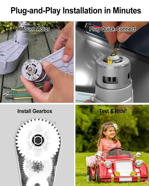 Steps to install Two Piece 24 Volt RS775 High Speed Motor Gearbox Power Up For Kids Ride On Cars with child testing red car