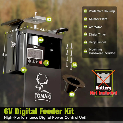 Zero Hassle 6V Digital Deer Feeder Kit With Beefy Motor And 8 Programmable Timers showing motor, digital timer, protective housing, and components.
