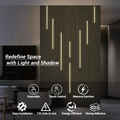 8 Pack Black LED Recessed Lighting Kit With 3000K Warm White LED Strip Lights on wood slat wall with touch control feature