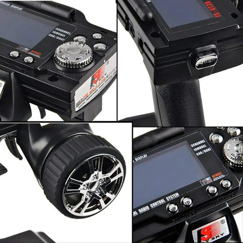 Close-up of FS-GT3B Transmitter And FS-GR3E Receiver 2.4GHz 3 Channel RC Remote System showing controls and display