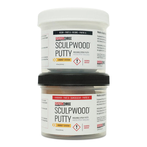 Front view of SculpWood Putty Epoxy Wood Filler For Wood Rot Repair And Animal Damage, Non Shrinking Two Part Epoxy Putty, 8 Oz Brown.