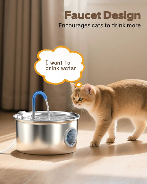 Cat near Stainless Steel Cat Water Fountain 88oz 2.6L Quiet Indoor Pet Water Dispenser For Cats And Small Animals Hydration Bowl