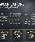 Specifications of 4 Pole Contactor With 110 120V Coil, 63A Normally Closed NC, highlighting safety, enduring, and reliability features.