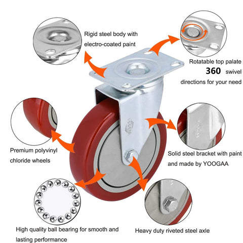 Heavy Duty 5 Inch Swivel Caster Wheels Set Of 4 No Noise 360 Degree Plate Caster With High Load Capacity 1500 Lbs Total Quiet Rolling Durable PVC Wheels With Ball Bearings Dust Covers Without Brake
