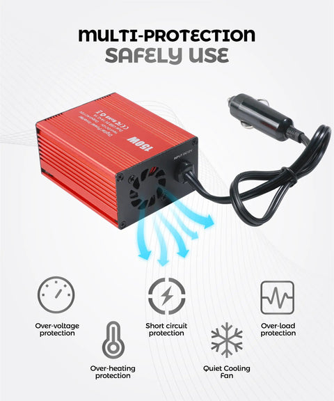 Heavy Duty 150W Car Power Inverter With 12V DC To 110V AC Outlet And Dual 3.1A USB Charging Ports showing multiple protection features.