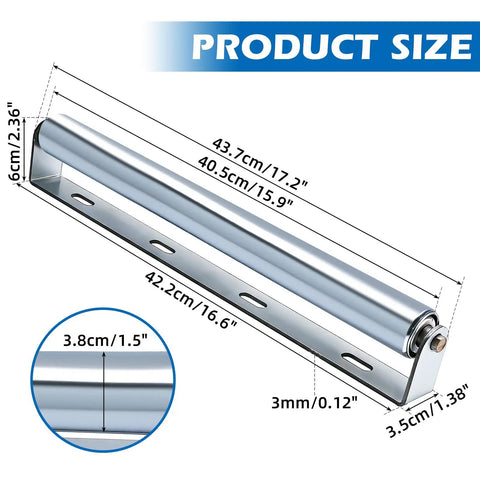 Heavy Duty Six Piece 16 Inch Galvanized Steel Rollers With Brackets For Smooth Glide Conveyors And Woodshop Projects Handles 120 Lbs Per Roller No Sweat Moving size dimensions with measurements displayed.