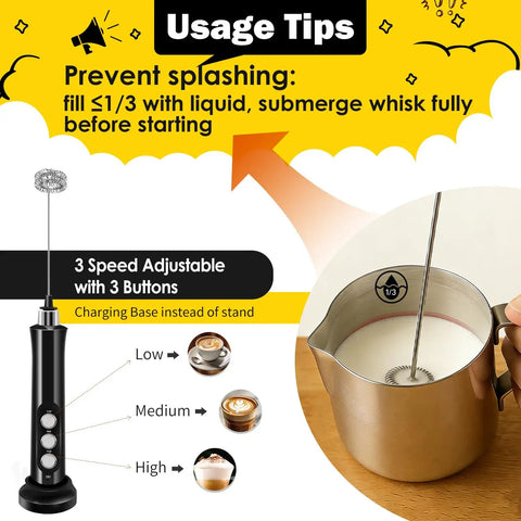 Rechargeable Milk Frother Handheld With 3 Detachable Stainless Steel Whisks 3 Speed Adjustable Electric Whisk Foam Maker