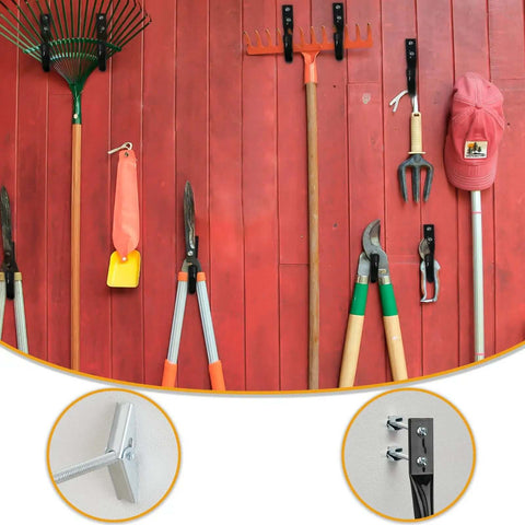 Heavy Duty Quarter Inch Toggle Bolts For Drywall Kit, tools on red panel, close-ups of installed galvanised anchors and screws
