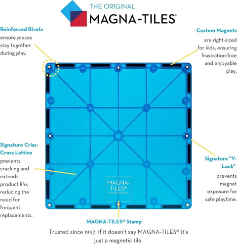 Close-up of Classic 100 Piece Magnetic Construction Set With Translucent Geometric Shapes In Six Colors For Open Ended Building And STEM Fun, A Kid Friendly Magnetic Toy That Sparks Creativity And Awesome Play, showing reinforced rivets and criss-cross lattice details on blue tile.