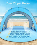 Beach Shade Tent With UPF50 UV Protection, Portable Sun Shelter for 1 To 3 People on beach with dual zippered doors in blue.
