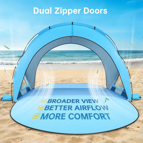Beach Shade Tent With UPF50 UV Protection, Portable Sun Shelter for 1 To 3 People on beach with dual zippered doors in blue.