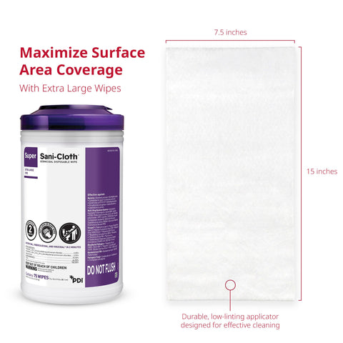 Germicidal Disposable Wipes For Hard Surfaces, Extra Large 5 By 8 Inch, Pop Up Dispenser, 65 Count with dimensions shown