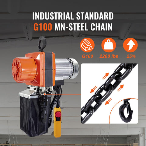 1 Ton Electric Chain Hoist Workhorse With 10 Ft Lift Height And 10 Ft Per Minute Speed 120V Single Phase overhead view