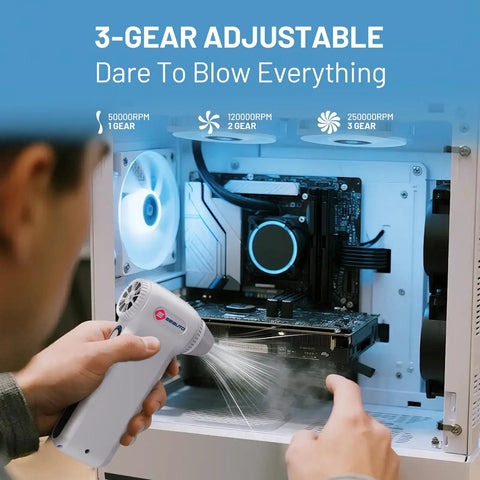 Person using Beast Mode 250,000 RPM Air Duster with Ergonomic Grip to clean computer motherboard.