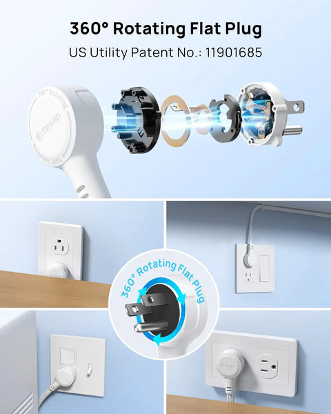 Rotating Flat Plug 3ft Extension Cord With Three AC Outlets, Low Profile Swivel Wall Plug, ETL Listed, White, Built For Tight Spaces And Busy Desks For Daily Use, No Fuss, white 3-outlet wall plug in use