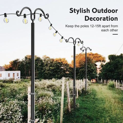 Outdoor setting with Two Pack String Light Poles With Seven Prong Steel Construction in a garden with lights and trees