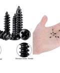 No Sweat Heavy Duty Black Carbon Steel Self Tapping Screws Assortment Kit With Smooth Round Pan Heads shown in hand and close-up.