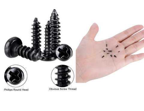No Sweat Heavy Duty Black Carbon Steel Self Tapping Screws Assortment Kit With Smooth Round Pan Heads shown in hand and close-up.