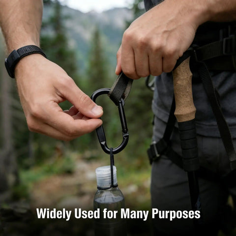 Heavy Duty Black Carabiner Clip Built Tough For 900lbs, 3 Inch Steel D Shaped Snap Hook used on bottle in outdoor setting