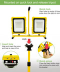 Beastly Bright 25,000 Lumen Dual Head Led Work Light With Stand and lock mechanism, showcasing insertion and release steps.